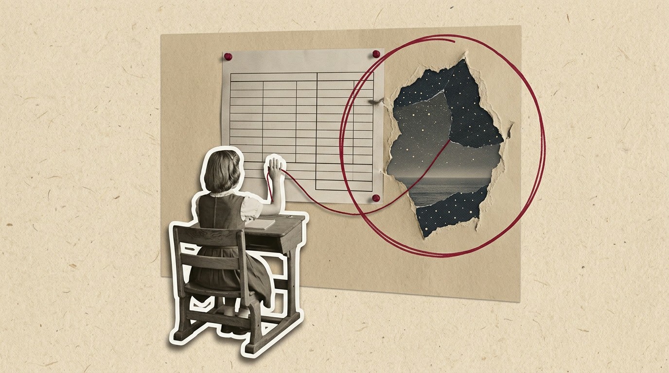 Collage: ein Mädchen am Schulpult vor einem Kompetenzraster; daneben ist die Papierwand aufgerissen und gibt Sternenhimmel und Meer frei, ein roter Faden führt von ihrer Hand hinein